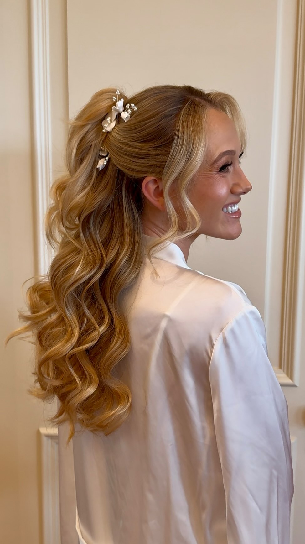 Instagram post by @kaelynchristine.hair for MODERN SALON. Caption reads: the perfect final detail to the dreamiest bridal....