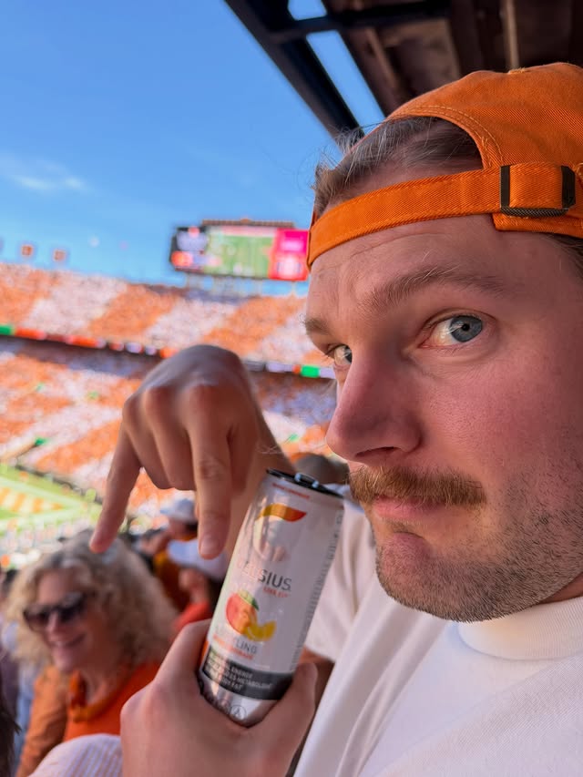 Instagram post by @calebpressley for CELSIUS Energy Drink. Caption reads: VOL FOR LIFE. SEASONS STILL YOUNG @celsiusofficial....