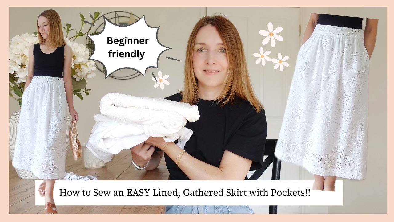 YouTube post by @SecretLifeOfASeamstress for Vivaia. Caption reads: How to sew an EASY gathered skirt with pockets &....