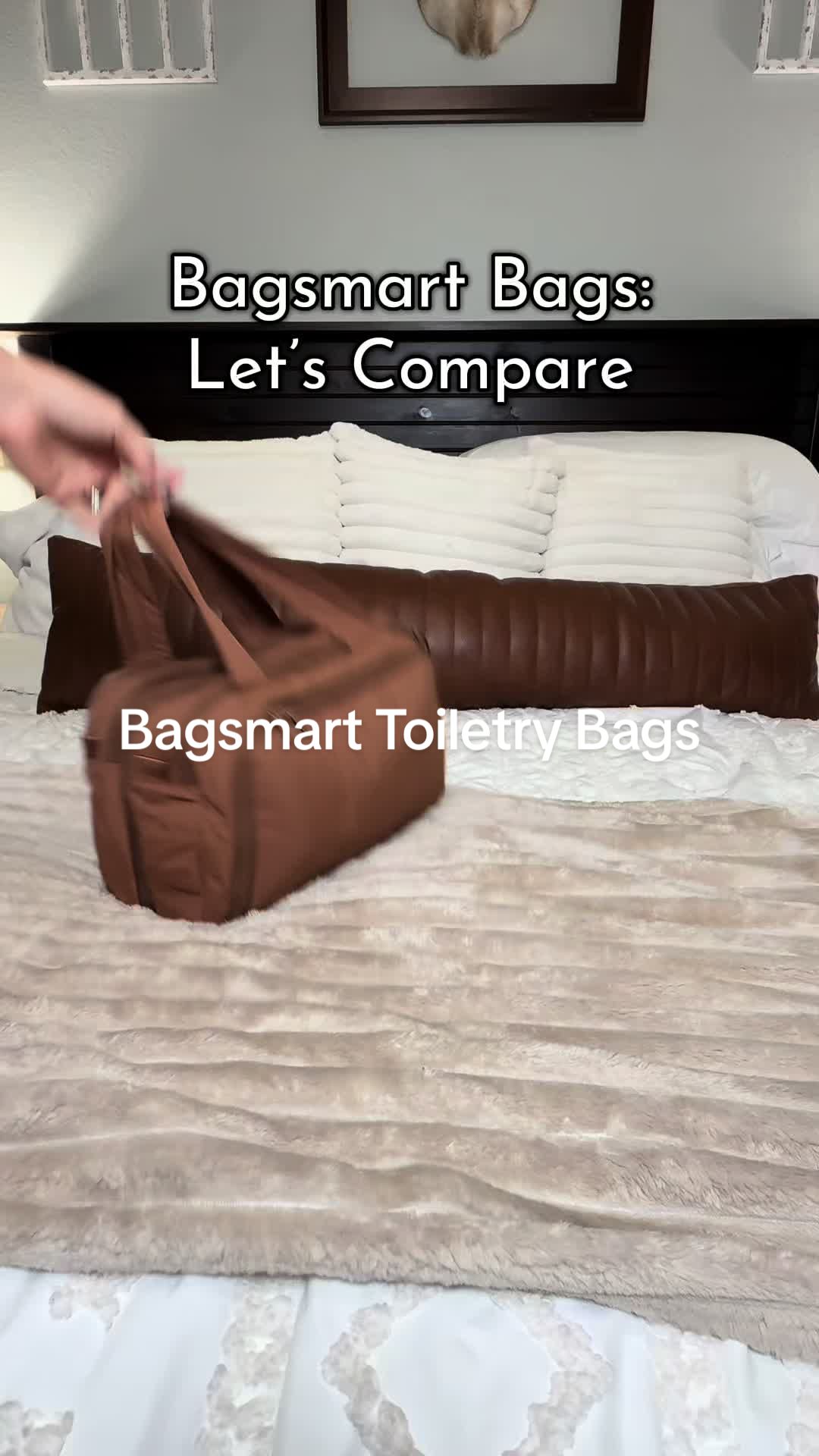 TikTok post by @spill_it_mom for Bagsmart. Caption reads: [...] of these toiletry bags from @BAGSMART....