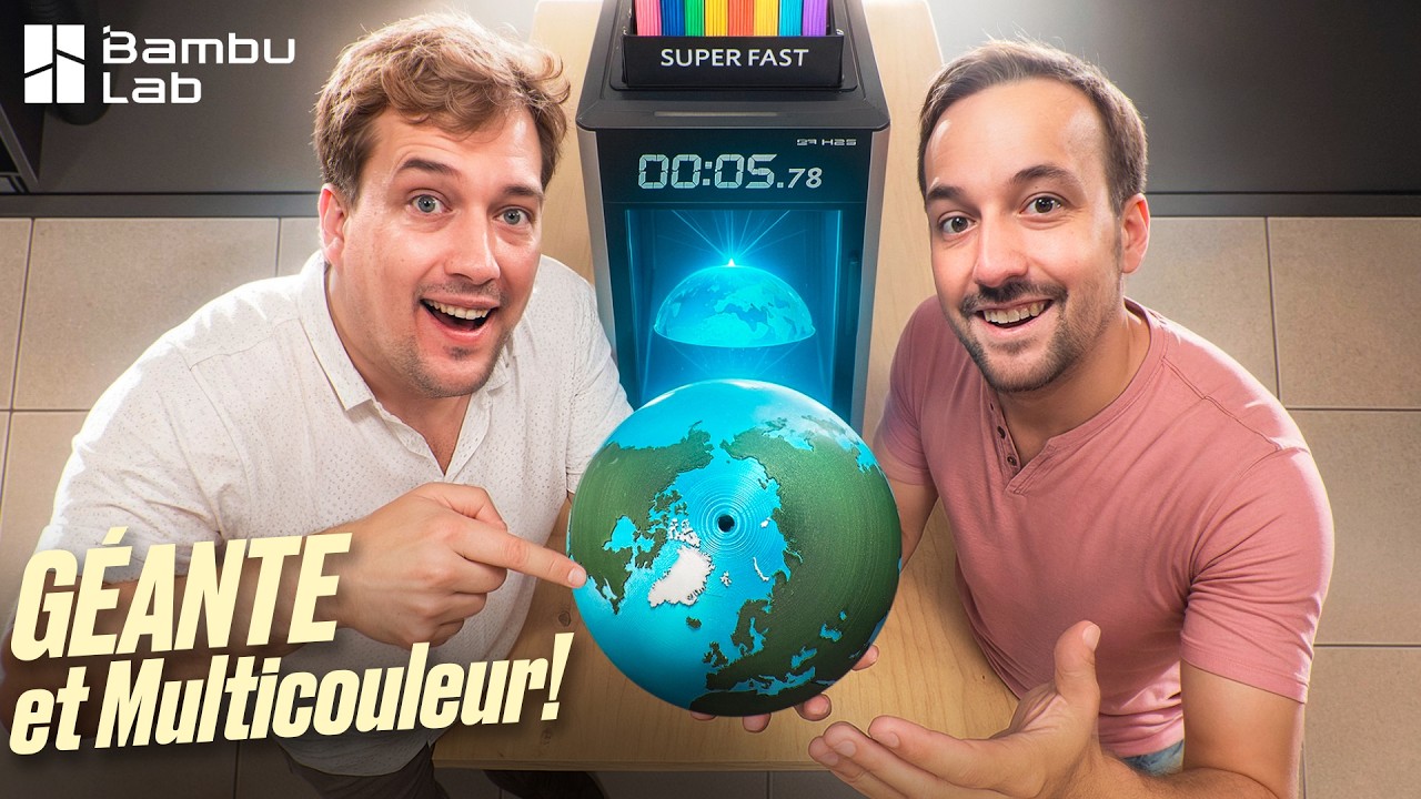 YouTube post by @lesfrerespoulain for Thingiverse. Caption reads: NEW Bambu Lab H2S! GIANT! Ultra Fast, Quiet,....