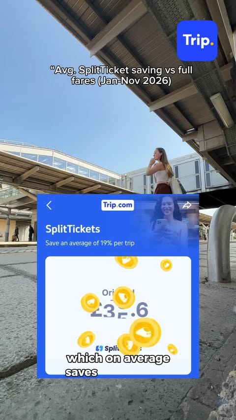 Instagram post by @kloe_woodroffe for Trip.com. Caption reads: [...] UK train tickets 🚆💸 I’ve been using....