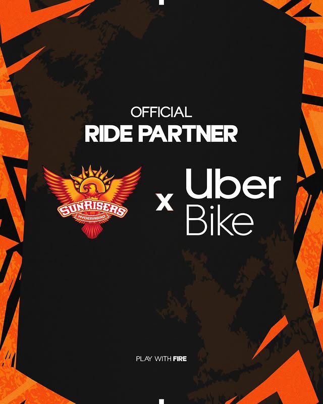 Instagram post by @sunrisershyd for Uber. Caption reads: Riding together with @uber_india this season 🧡....