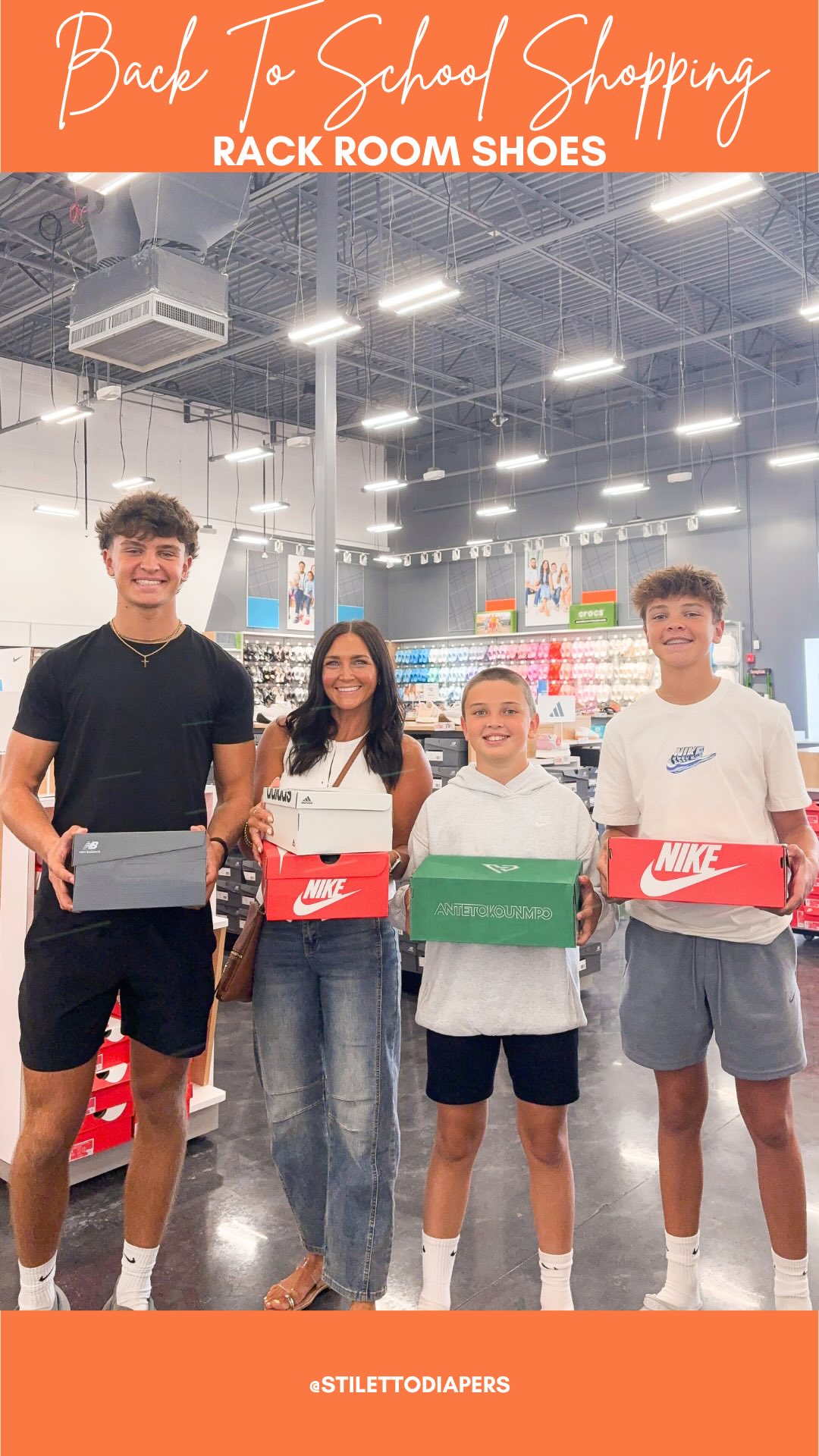 Instagram post by @stilettodiapers for Rack Room Shoes. Caption reads: Hey Mooresville! Welcome to your new Rack Room....