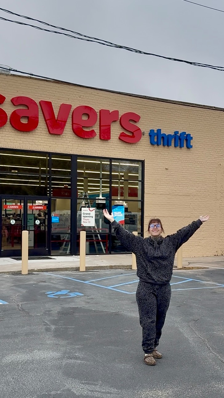 Instagram post by @thriftyweenqueen for Savers. Caption reads: Come thrifting with me at the brand new Savers in....