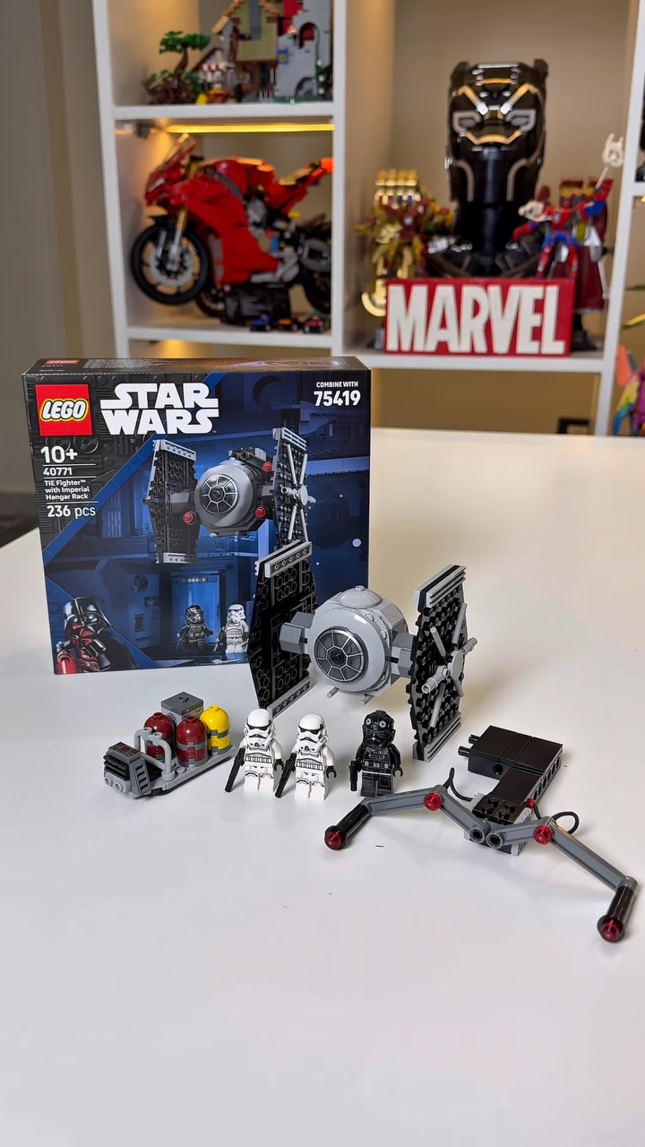 Instagram post by @thebrickpharaoh for Star Wars. Caption reads: LEGO Star Wars Tie Fighter with Imperial Hanger....