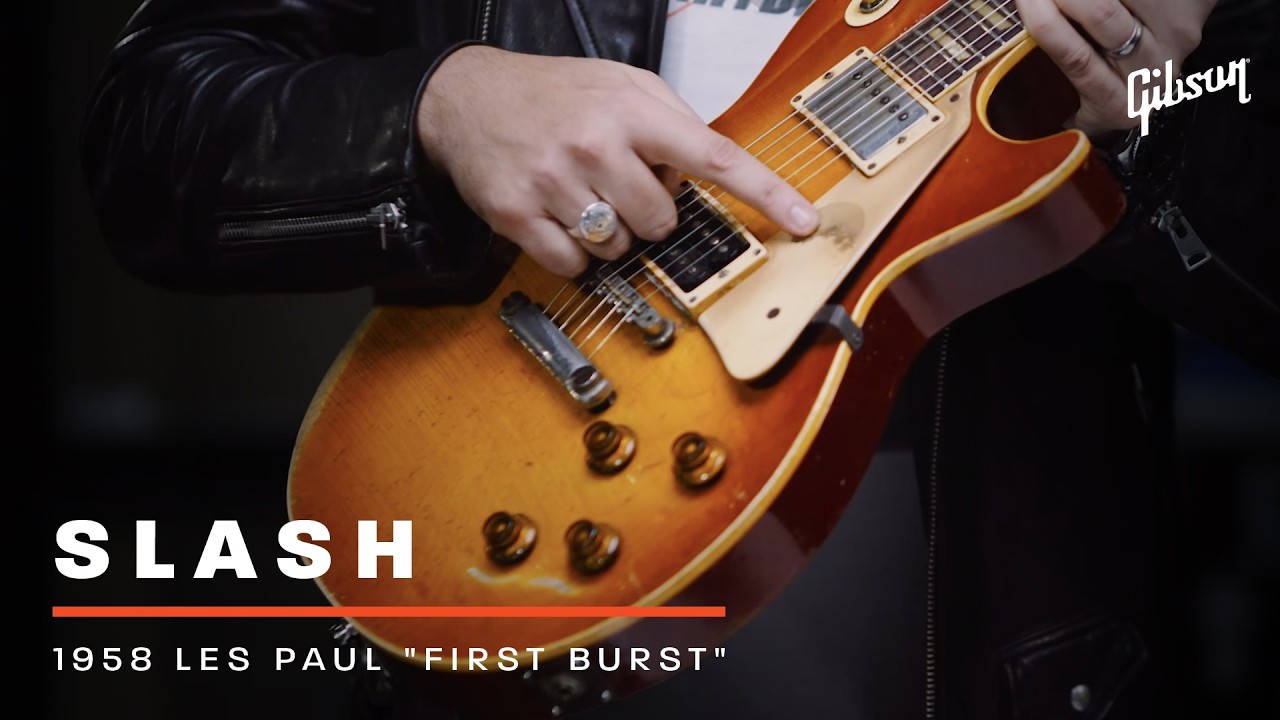 YouTube post by @gibsonguitar for Gibson. Caption reads: Slash shows Mark Agnesi the first-ever sunburst....
