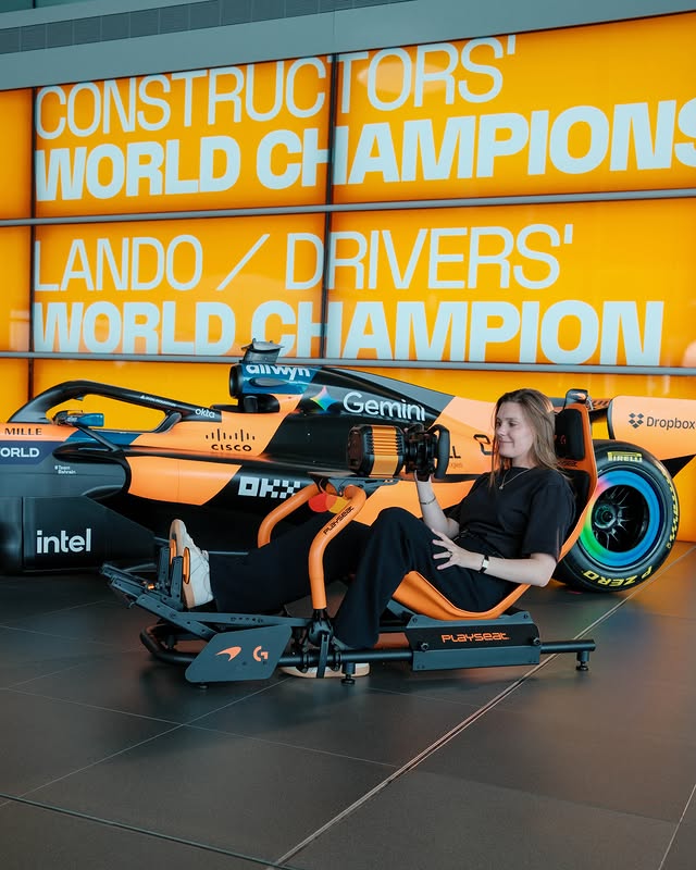 Instagram post by @maximemxm for Logitech G. Caption reads: Introducing the Logitech G RS50 McLaren Racing....