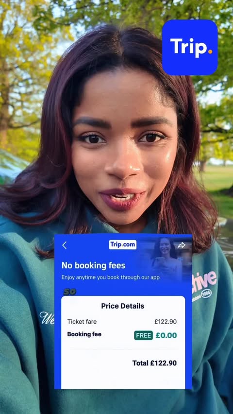Instagram post by @snehasunny30_ for Trip.com. Caption reads: [...] and 5% off UK & EU train tickets....