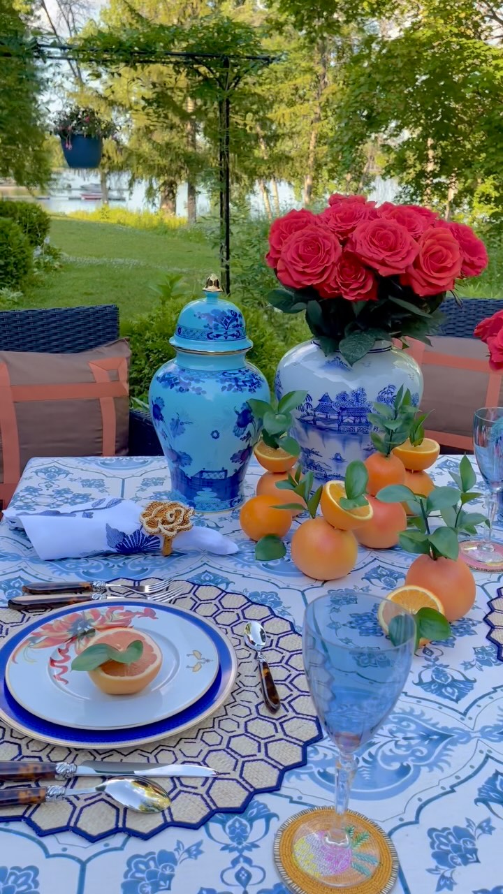 Instagram post by @acanthus.decor for Southern Living. Caption reads: 🍊💙 Blue and White Forever 💙🍊

I am delighted....