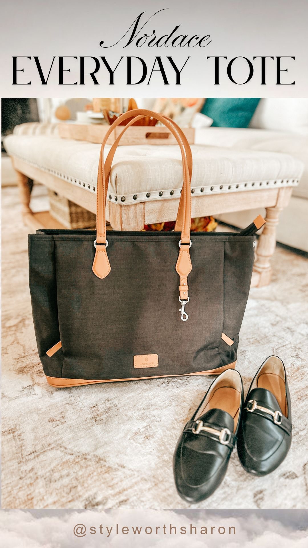 Instagram post by @styleworthsharon for Nordace. Caption reads: Meet my new work BFF — the @nordaceofficial Sienna....