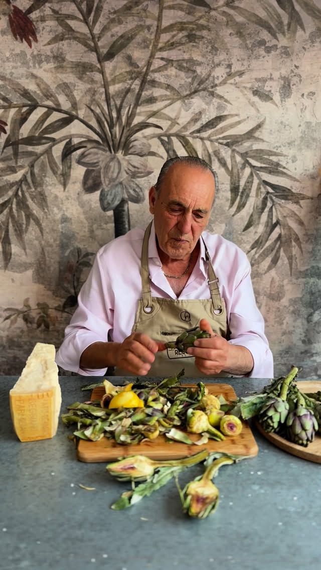 Instagram post by @davidloftus for Parmigiano Reggiano. Caption reads: @gennarocontaldo prepping an artichoke salad for....
