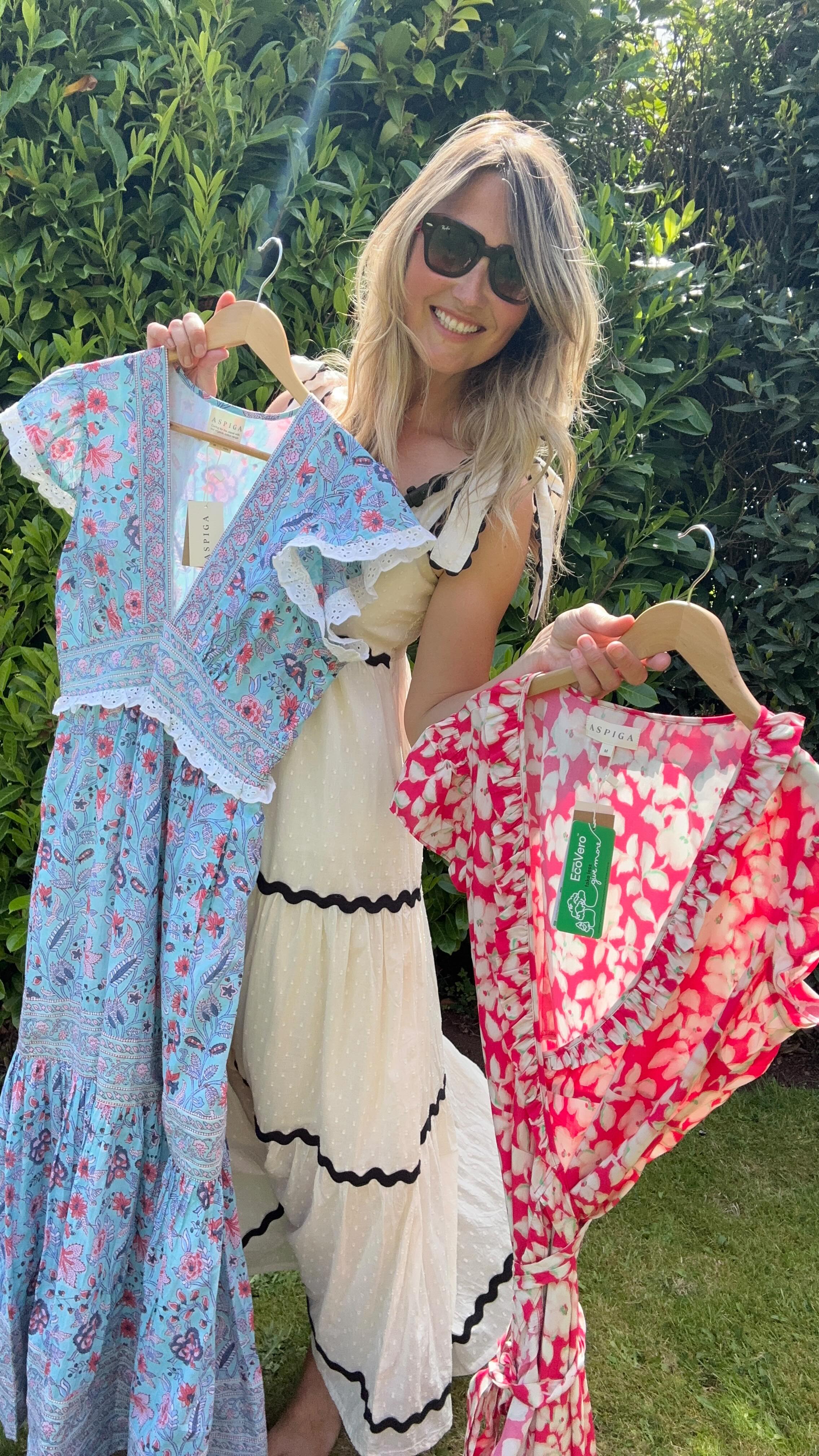 Instagram post by @joannawills for Aspiga. Caption reads: Help me choose the perfect dress for a wedding in....