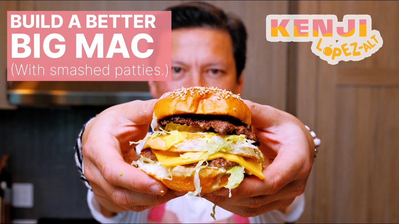 YouTube post by @JKenjiLopezAlt for BALMUDA. Caption reads: Build a Better Big Mac | Kenji's Cooking Show.