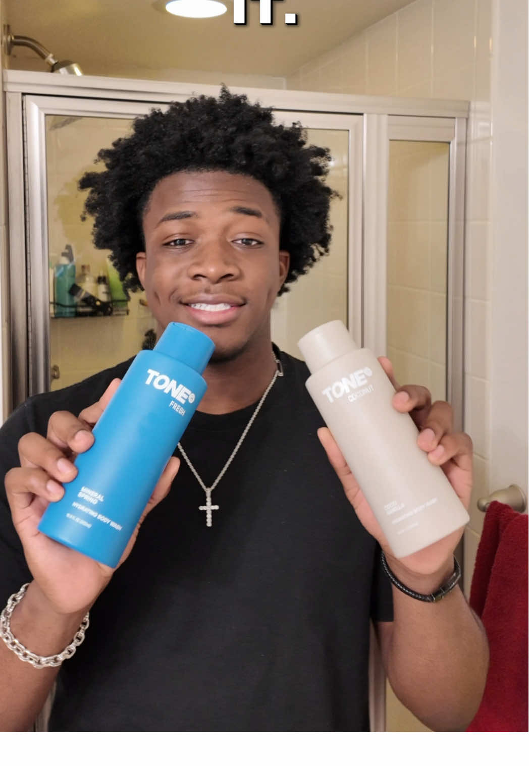 TikTok post by @mak.agb for TONE by AMP. Caption reads: Upgrade your shower shelf with these TONE body....