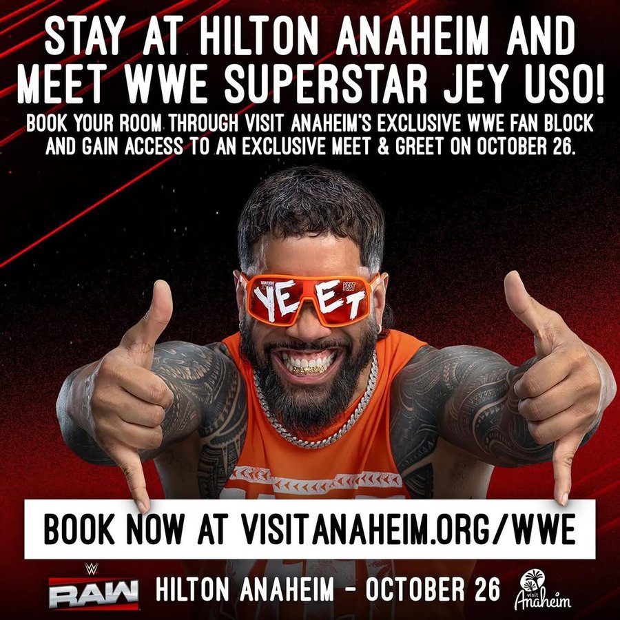 Instagram post by @uceyjucey for Visit Anaheim. Caption reads: Headed to Monday Night Raw, uce? Stay at....