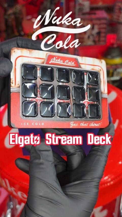 Instagram post by @the_fallout_collector for Elgato. Caption reads: Unboxing the Nuka Cola Stream Deck from @elgato....