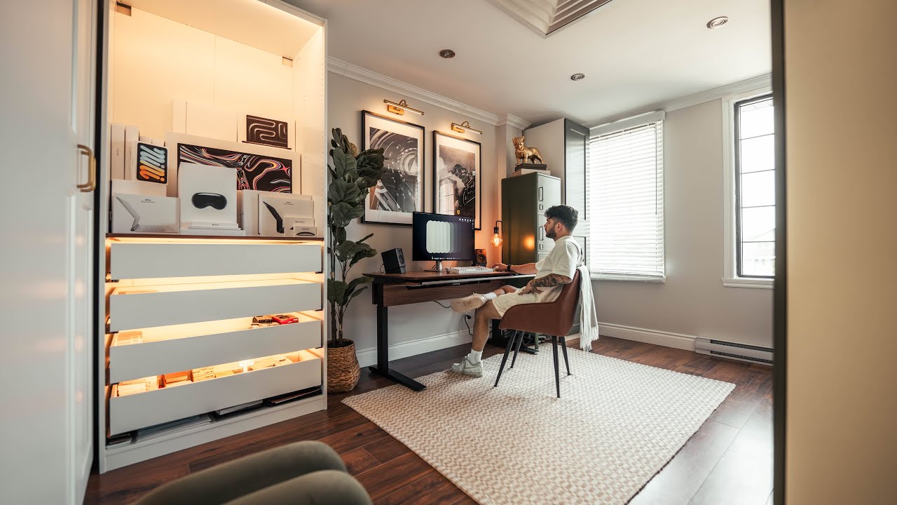 YouTube post by @andresvidoza for Grovemade. Caption reads: DREAM Office Room Desk Setup for 2025! (Minimal +....