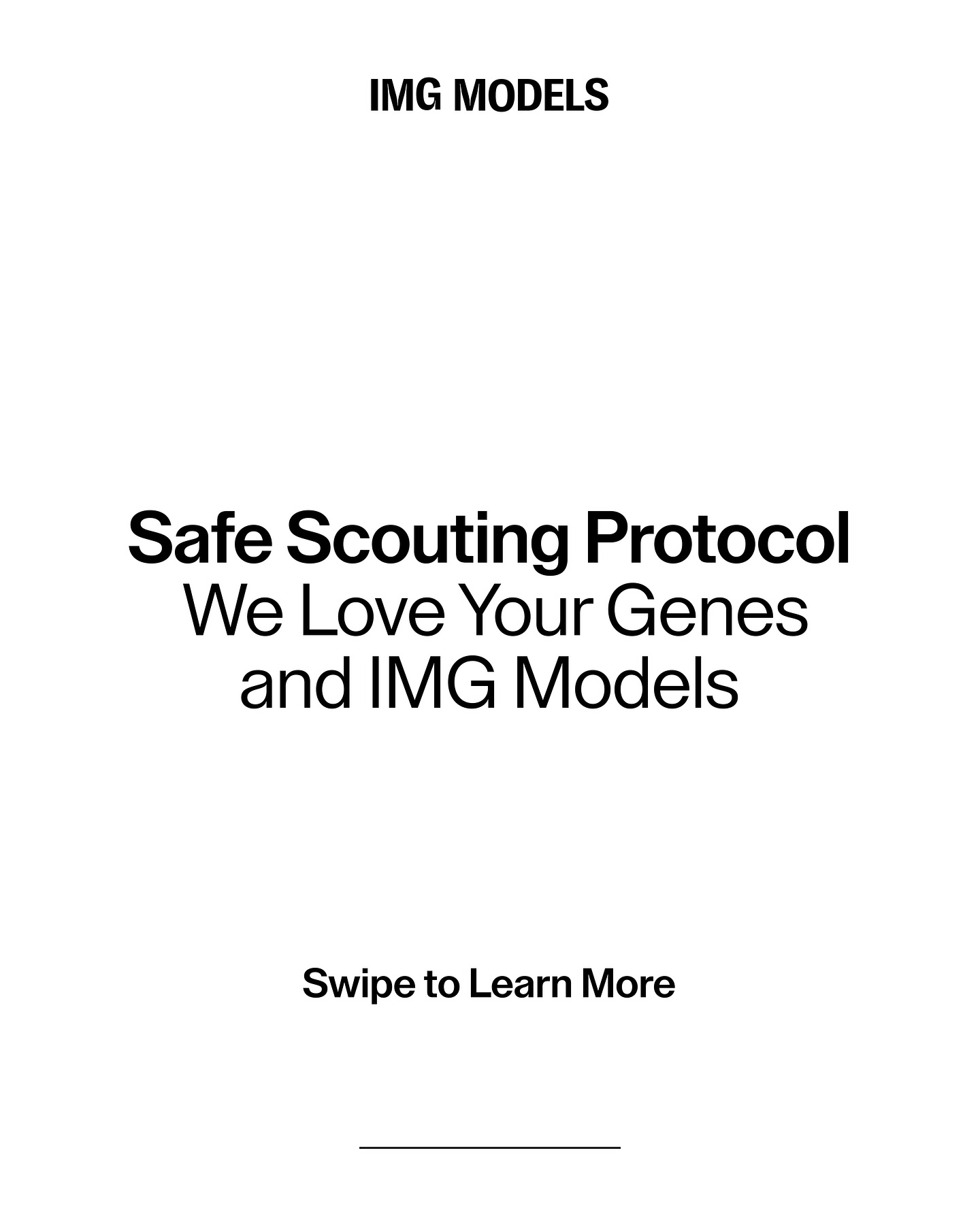 Instagram post by @weloveyourgenes for Img Models. Caption reads: Safe Scouting Protocol: We Love Your Genes and IMG....