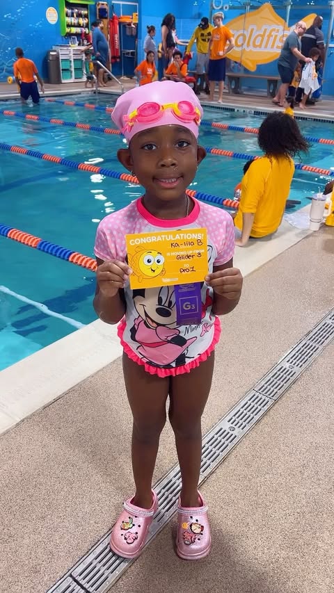Instagram post by @_princesskalirose for Goldfish Swim School. Caption reads: [...] this fall. 🍂 #goldfishambassador....