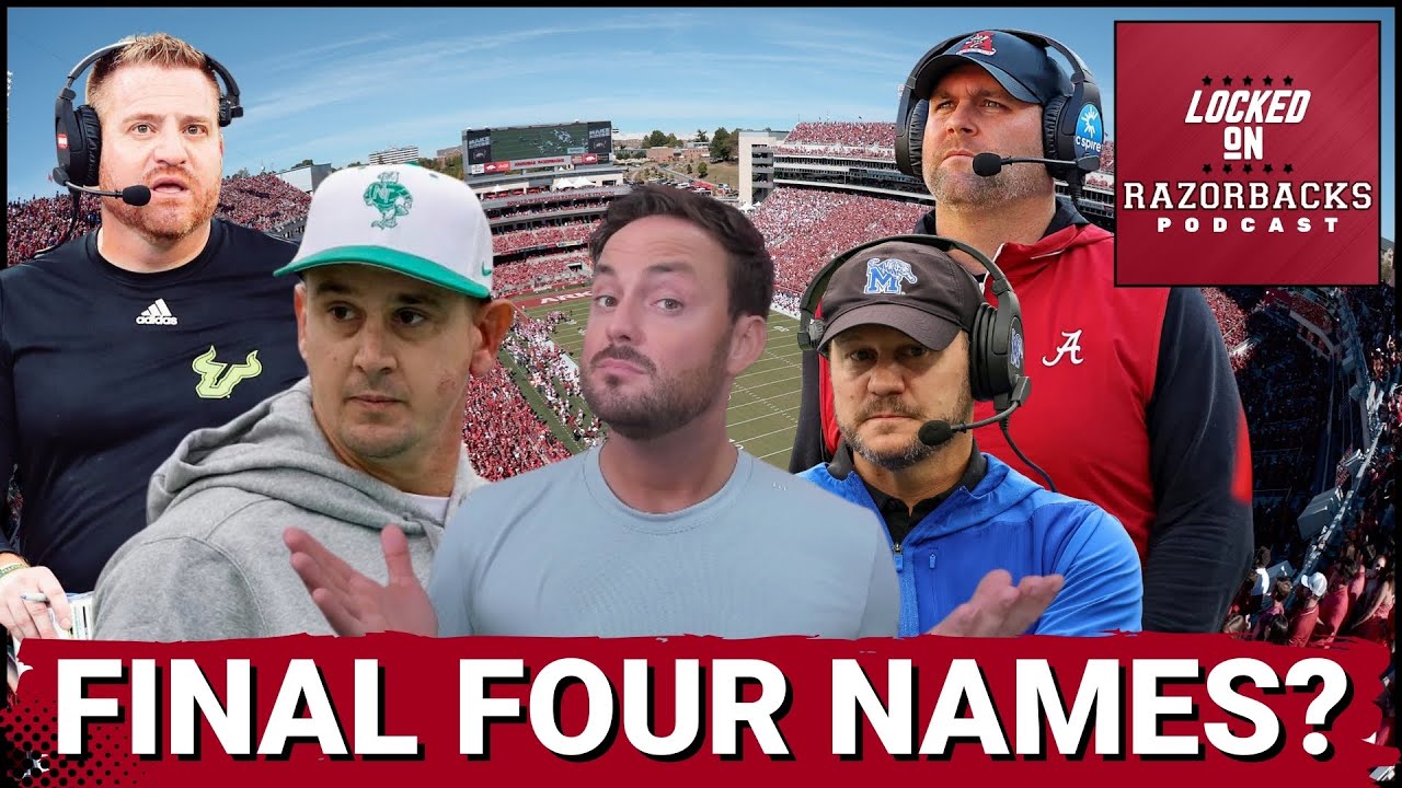 YouTube post by @LockedOnRazorbacks for FanDuel. Caption reads: Fever Pitch: Arkansas Razorbacks Coaching Search....