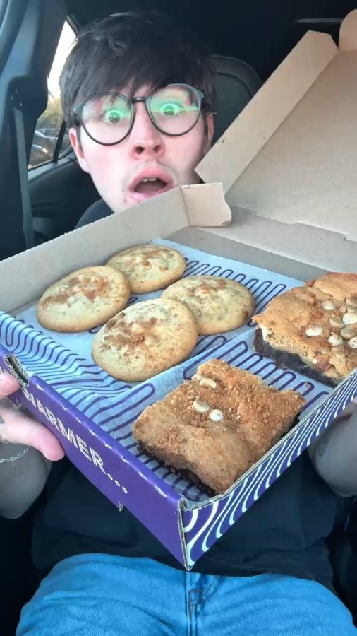 Instagram post by @caloriecarnage for Insomnia Cookies. Caption reads: when Brayden eats...we all eat🍽️ our Cinnamon....