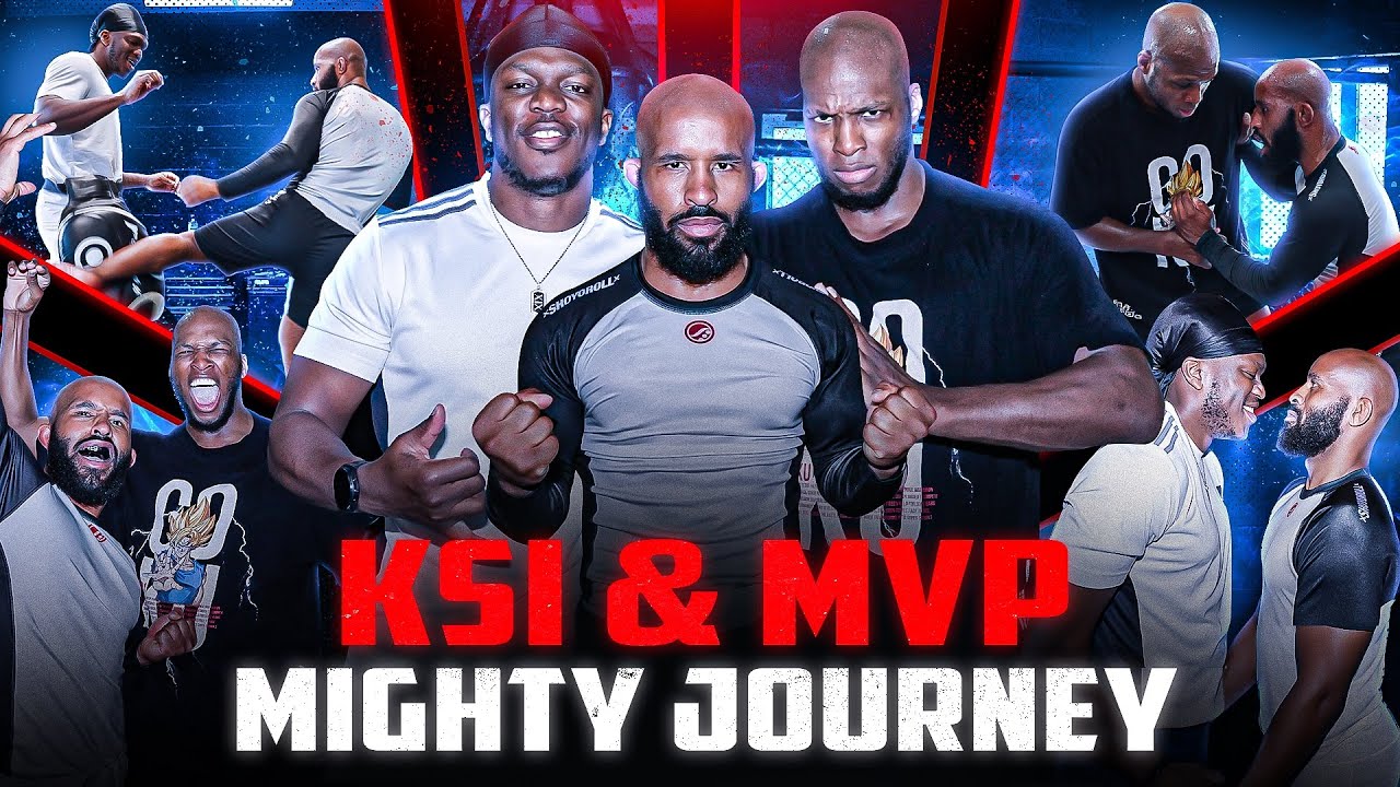 YouTube post by @Mighty15x for 1st Phorm. Caption reads: Demetrious Johnson Teaches KSI TOUGH Lesson In BJJ....