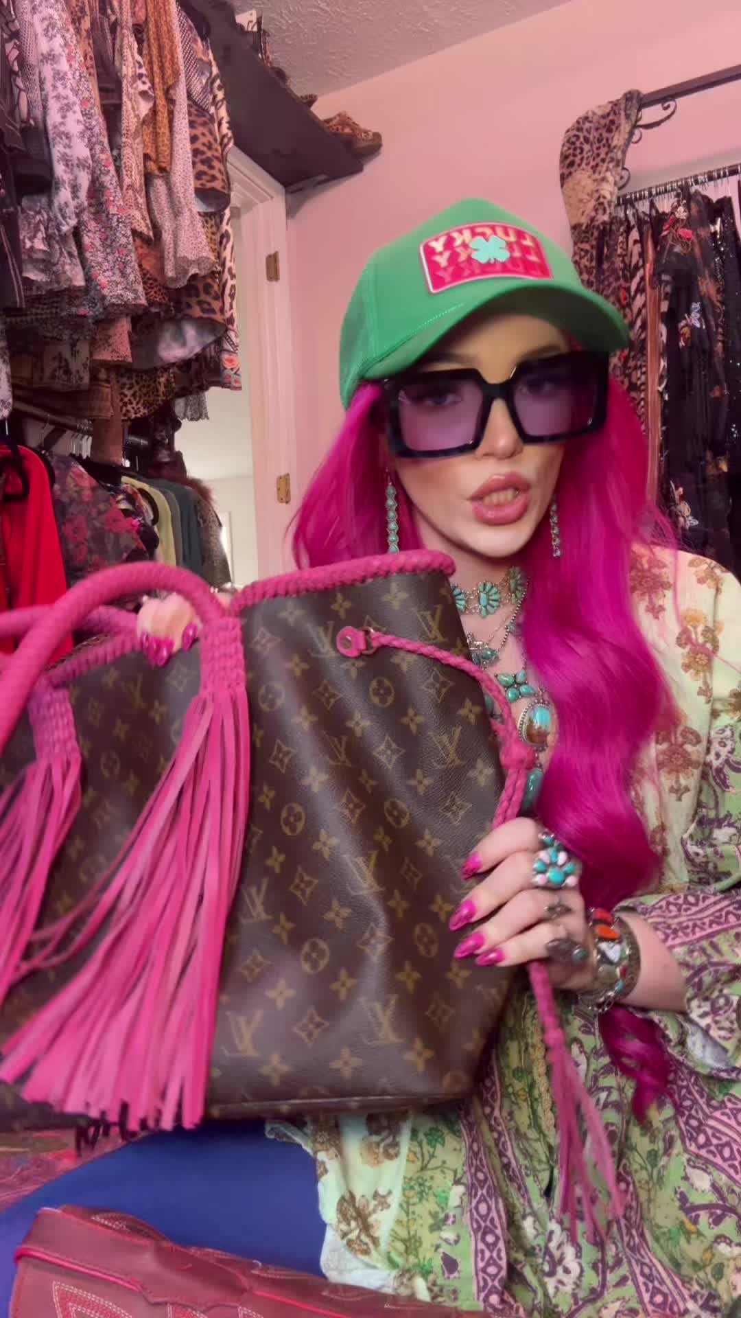 TikTok post by @biggerthantexas for Vintage Boho Bags. Caption reads: What’s in my bag?  Bag @vintagebohobags use my....