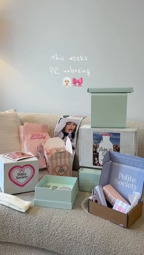 Instagram post by @millie_drury for Polite Society. Caption reads: [...] #PR #unboxing brands: @rhode....