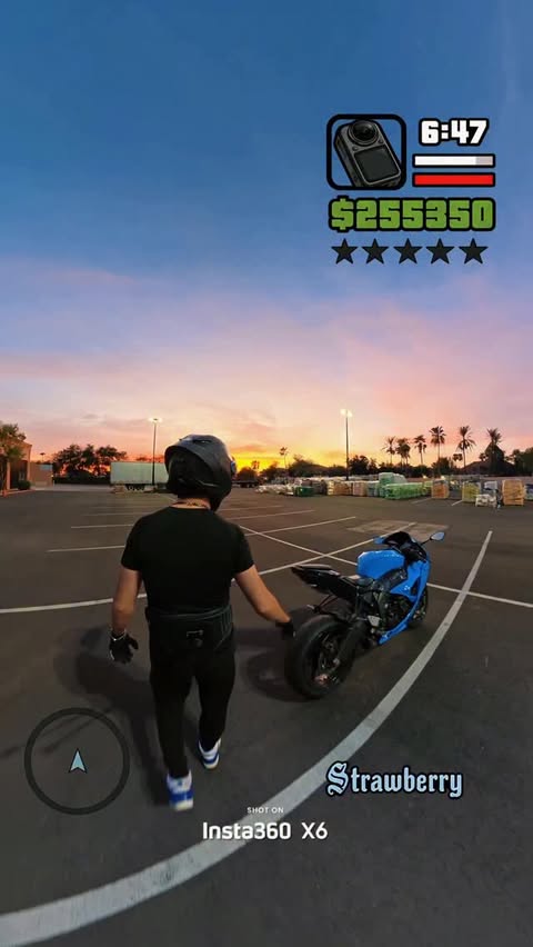 Instagram post by @m0t0moe for Insta360 Moto. Caption reads: GTA in real life made with insta360 x6 use code....