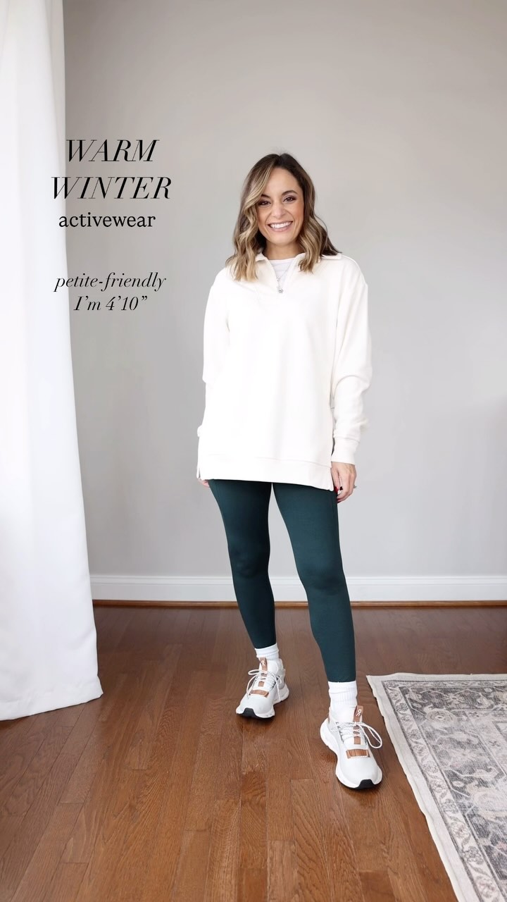Instagram post by @pumpsandpushups for Athleta. Caption reads: Warm winter activewear from @athleta #ad....