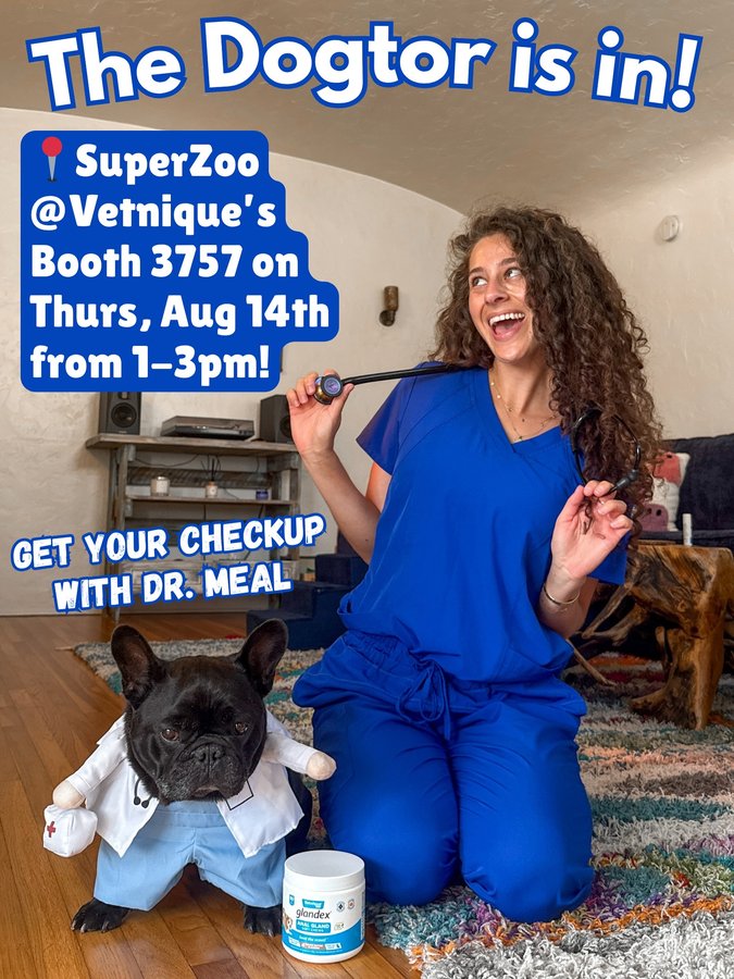 Instagram post by @samijo for Vetnique. Caption reads: Want to meet DOGTOR MEAL at @superzooshow? 📍....