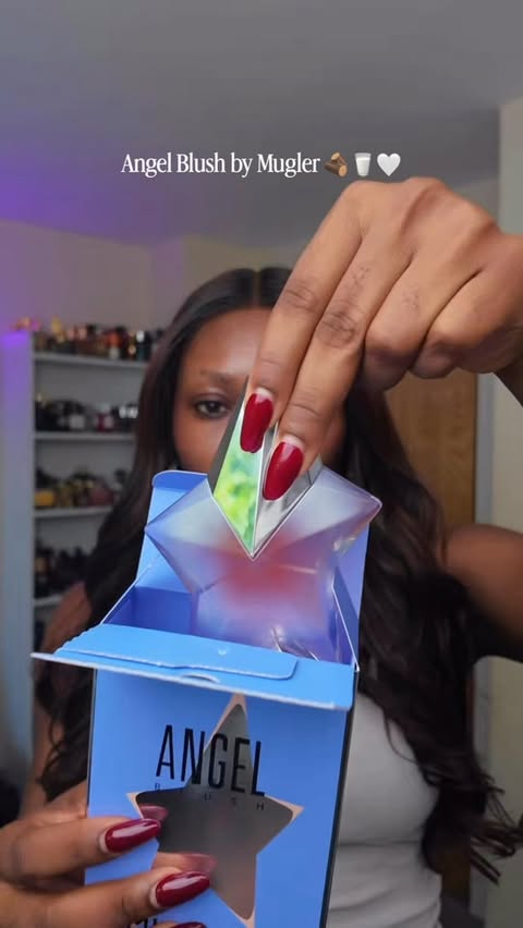 Instagram post by @vicckyalfa for Mugler. Caption reads: AD | Does the new *Angel Blush by @muglerofficial....