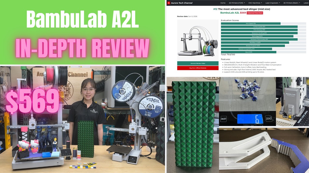 YouTube post by @AuroraTech for Thingiverse. Caption reads: Bambu Lab A2L In-Depth Review: The Best AMS Bed....
