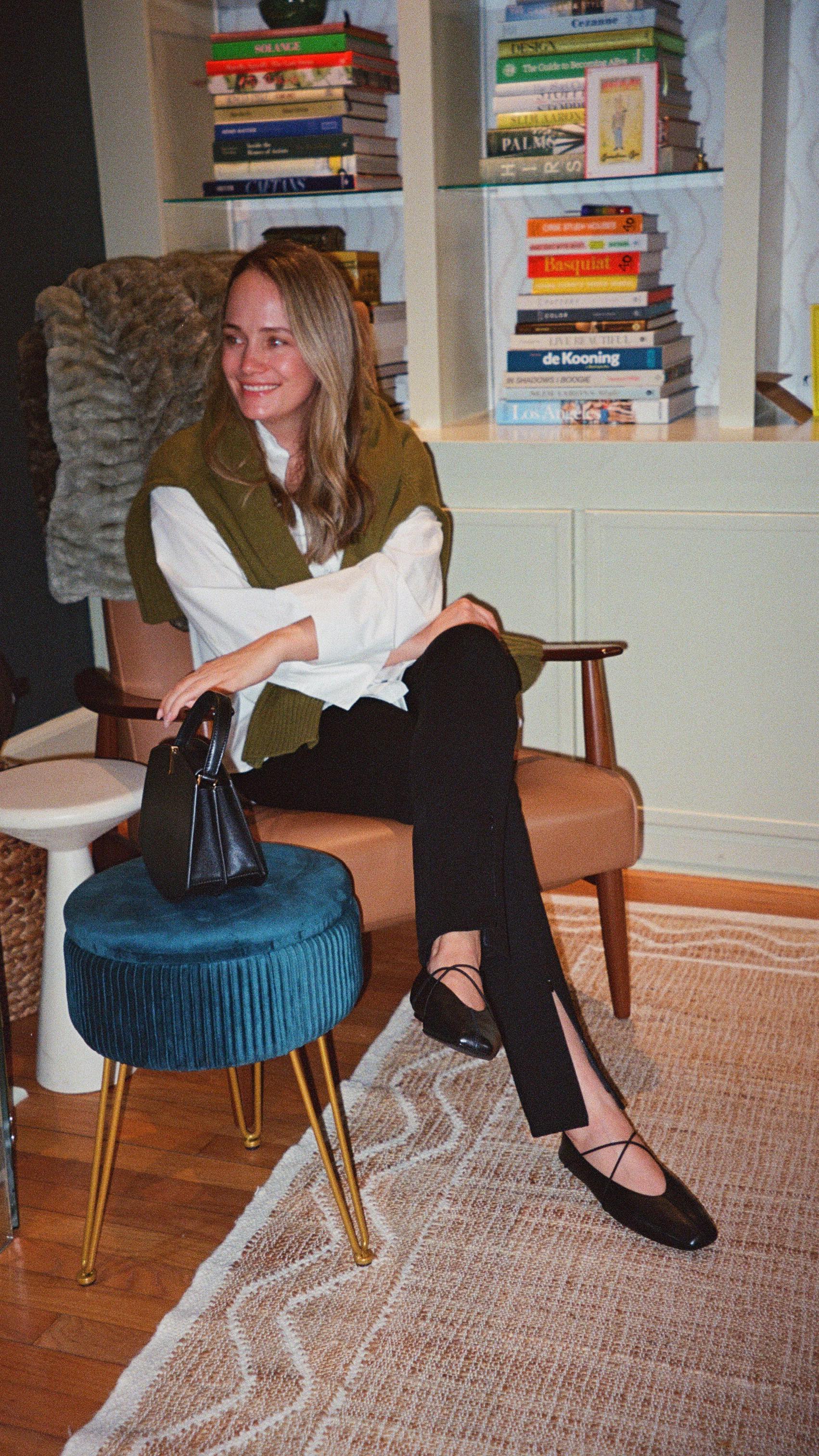 Instagram post by @graceatwood for Theory. Caption reads: Four cute outfits that aren’t dresses! ♥️ comment....