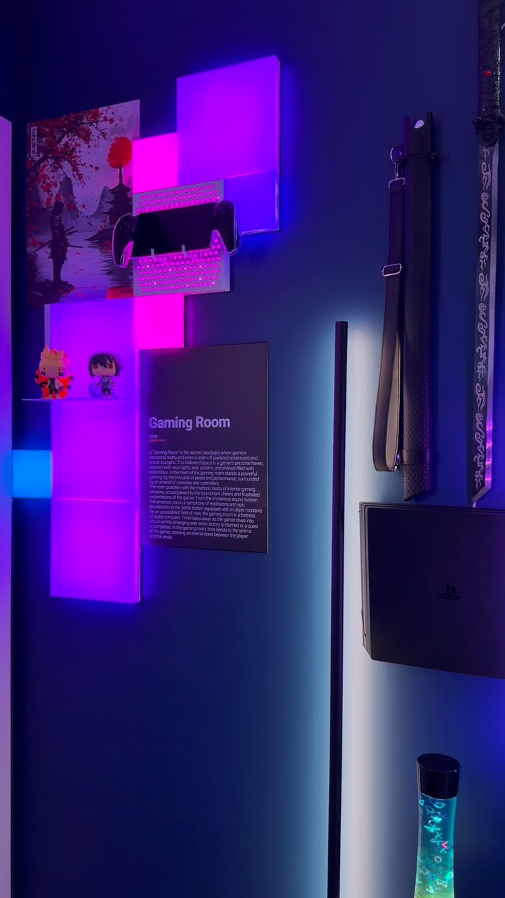 Instagram post by @stommagames for Nanoleaf. Caption reads: I had to level up this space in my gaming room.. I....