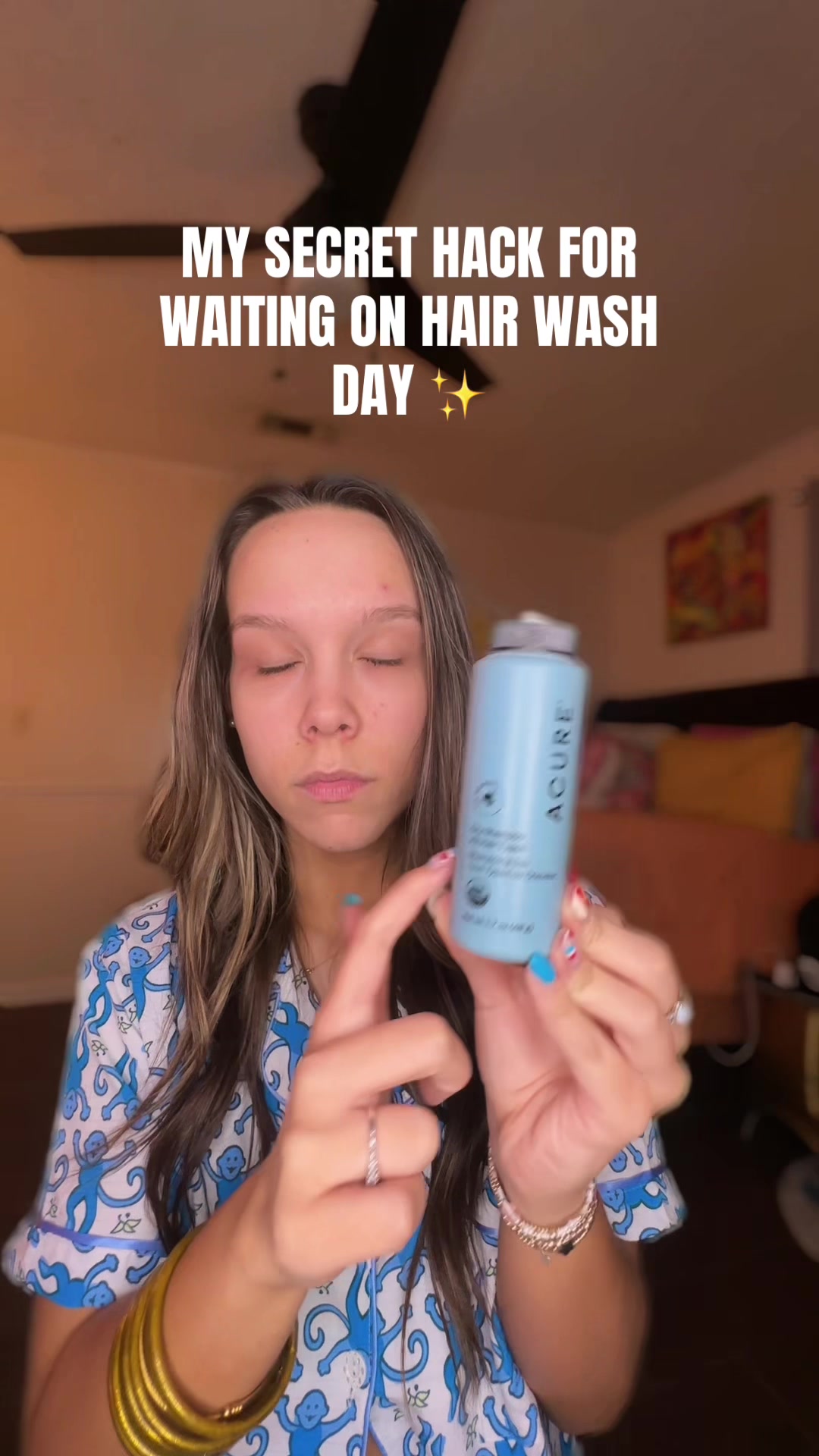 TikTok post by @sweetcaroline205 for Acure. Caption reads: @Acure dry shampoo powder saves me on those busy....
