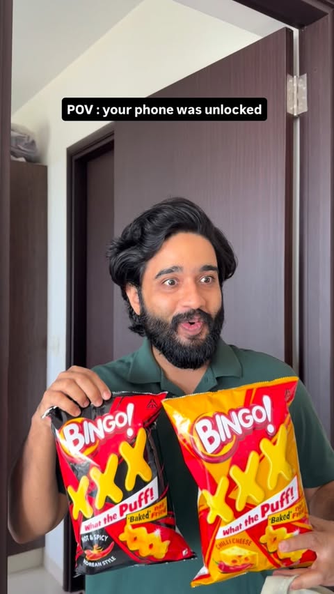 Instagram post by @rjvjgokulraj for Bingo! Snacks. Caption reads: Chat leaked 💀 . . . But Bingo Triple X saves the....
