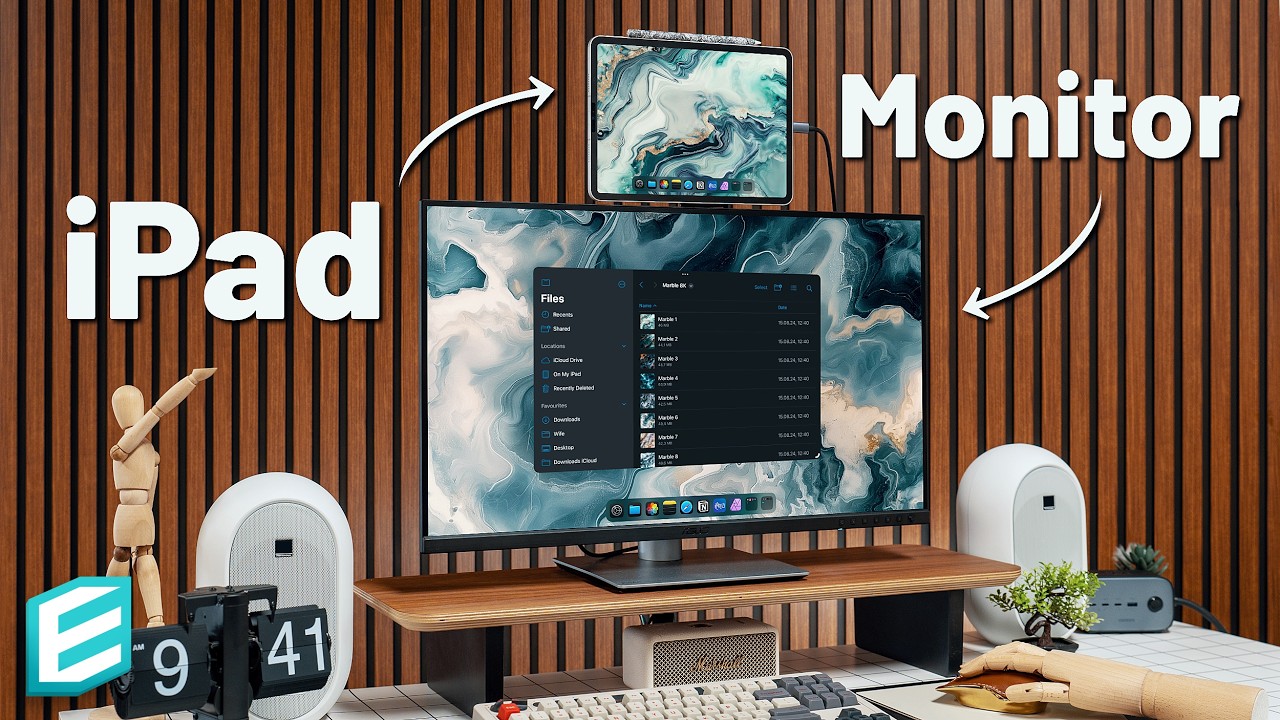 YouTube post by @ThisIsE for Uniq Better By Design. Caption reads: Using an iPad in a Desk Setup - iPadOS 18 GUIDE....
