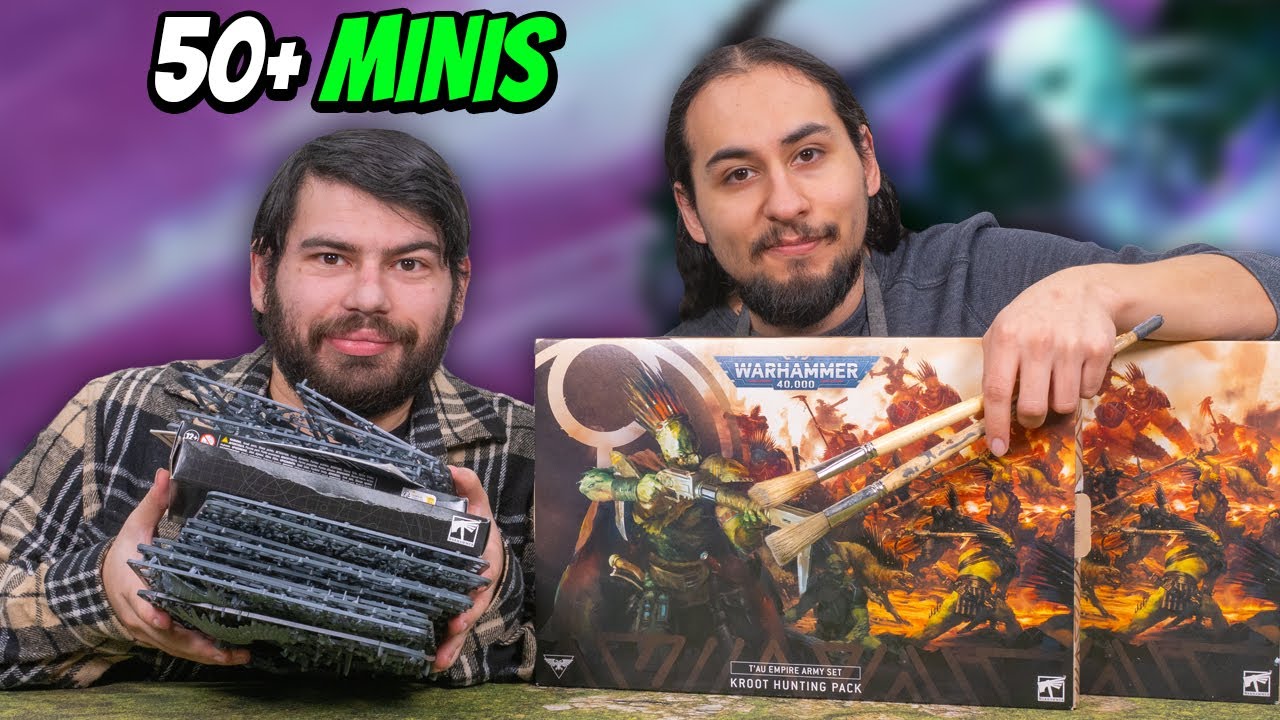 YouTube post by @EonsOfBattle for MyMiniFactory. Caption reads: Two Idiots! 50+ Minis! Rushing to Finish Our NEW....