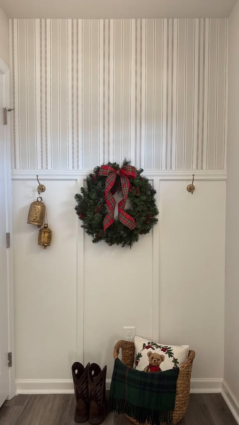 Instagram post by @kaylascurated for lovevsdesign. Caption reads: Entryway refresh ✨🎄
We used the Farmhouse Stripes....