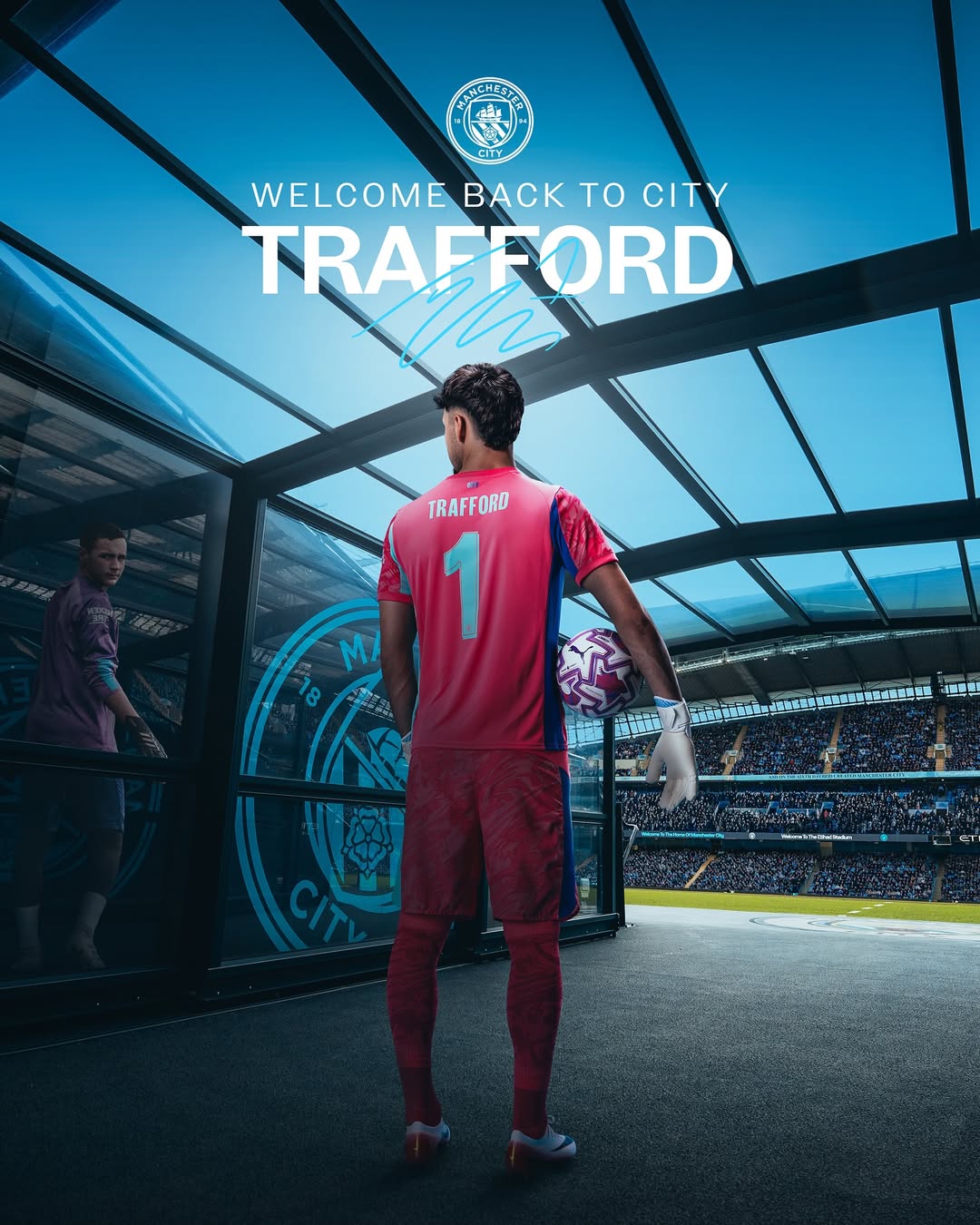 Instagram post by @mancity for Premier League. Caption reads: James Trafford returns to City! 🙌.