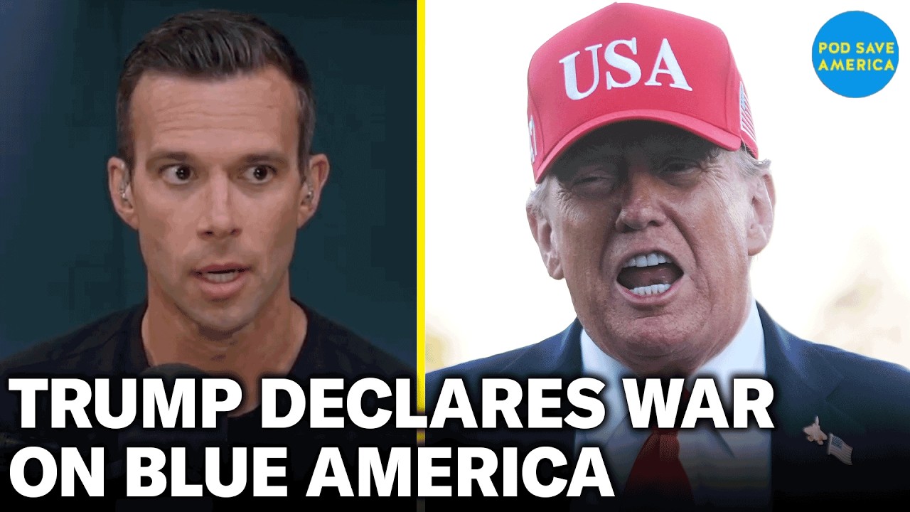 YouTube post by @podsaveamerica for ZipRecruiter. Caption reads: Trump Declares War On Blue America.