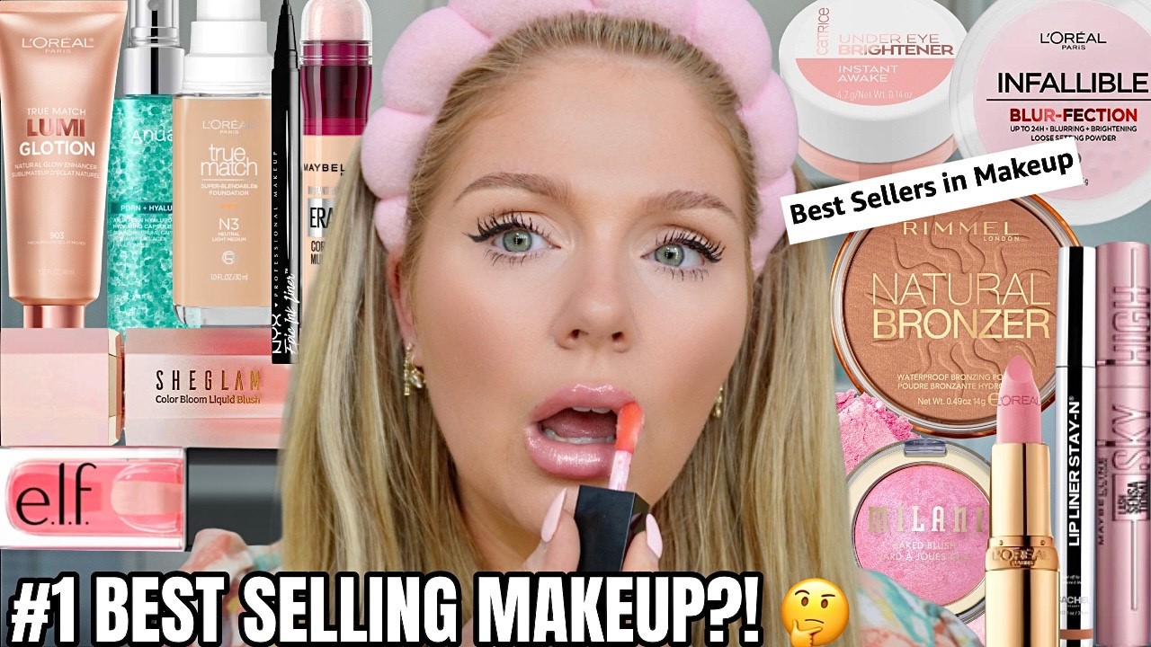 YouTube post by @KellyStrack for Grande Cosmetics. Caption reads: Full Face of the #1 BEST SELLING Makeup on AMAZON!....