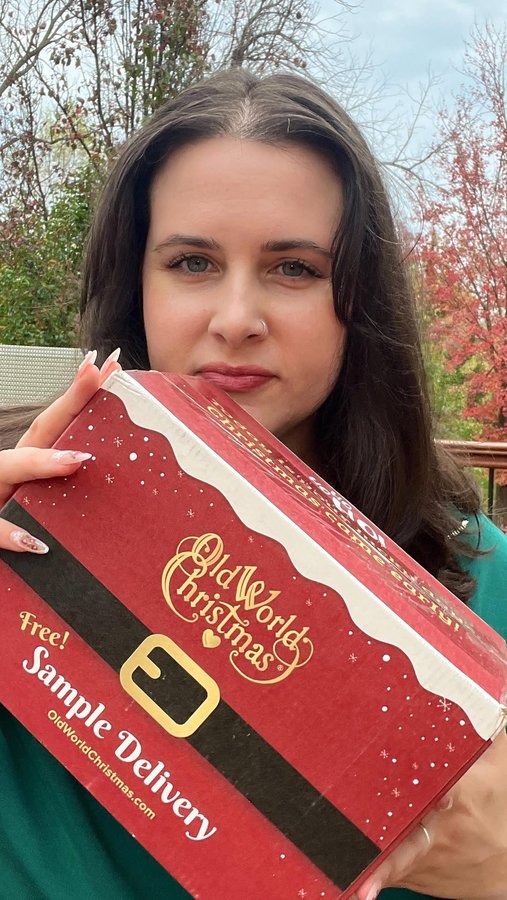 Instagram post by @abby.spinach for Old World Christmas. Caption reads: Thank you @oldworldchristmas for sending these....