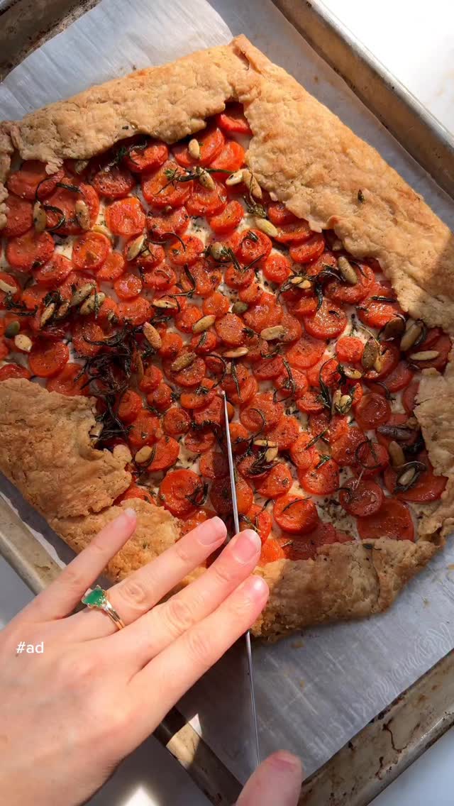 Instagram post by @justine_snacks for Del Monte. Caption reads: Hot Honey Carrot Tart with Rosemary Brown Butter....