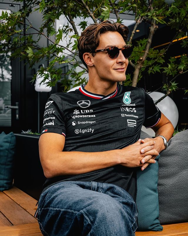 Instagram post by @georgerussell63 for Police Lifestyle. Caption reads: [...] Sunglasses Collection with @PoliceLifestyle!....