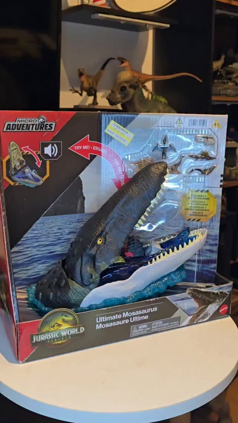 Instagram post by @jurassic.finds for Mattel. Caption reads: Mosasaurus Micro Adventures @mattel #jurassicpark....