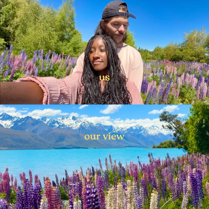 Instagram post by an influencer for American Airlines. Caption reads: us vs our view in New Zealand 😍 1. Lake Pukaki 2.....