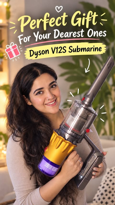 Instagram post by @ebbietoot for Dyson. Caption reads: [...] actually makes sense! 🎁✨ And ngl, my Dyson....